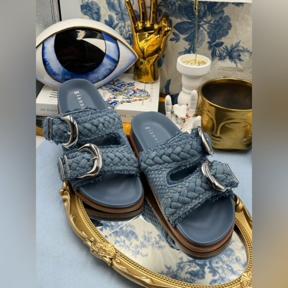 🆕 GIANNI BINI 🧿 NWOB Cecil Two Braided Denim Double Banded Slide Sandals Sz7.5 - Picture 3 of 13